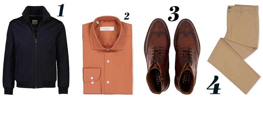 1 Hall Navy Zip Through Jacket (RRP $799) | 2 Vinny Orange Tencel Shirt (RRP $249) | 3 Mid Brown Brogue Boot (RRP $699) | 4 Haines Beige Chino (RRP $299) working style products 1