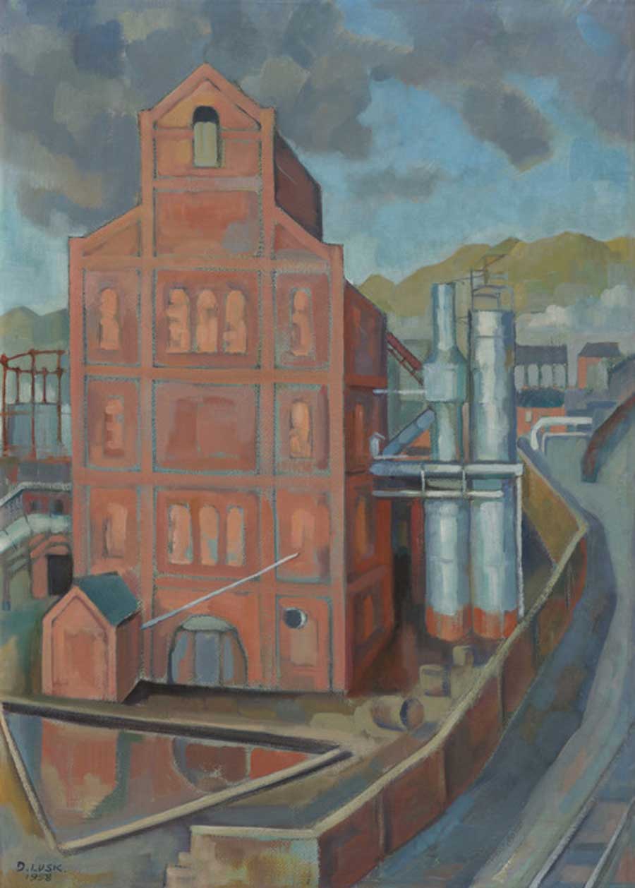 Doris Lusk City Gasworks, Christchurch 1958. Oil on canvas board. Collection of Christchurch Art Gallery Te Puna o Waiwhetu, gift of Martin Prior in memory of Ann, Mary and Arthur Prior, 2019. 4fac266e8bf45bd1dc34ddf8c4166d8e