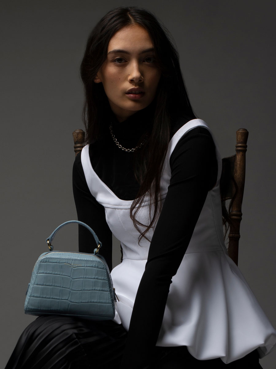 Mini Verne Periwinkle Croc styled by Paris Mitchell and shot by David Santana David