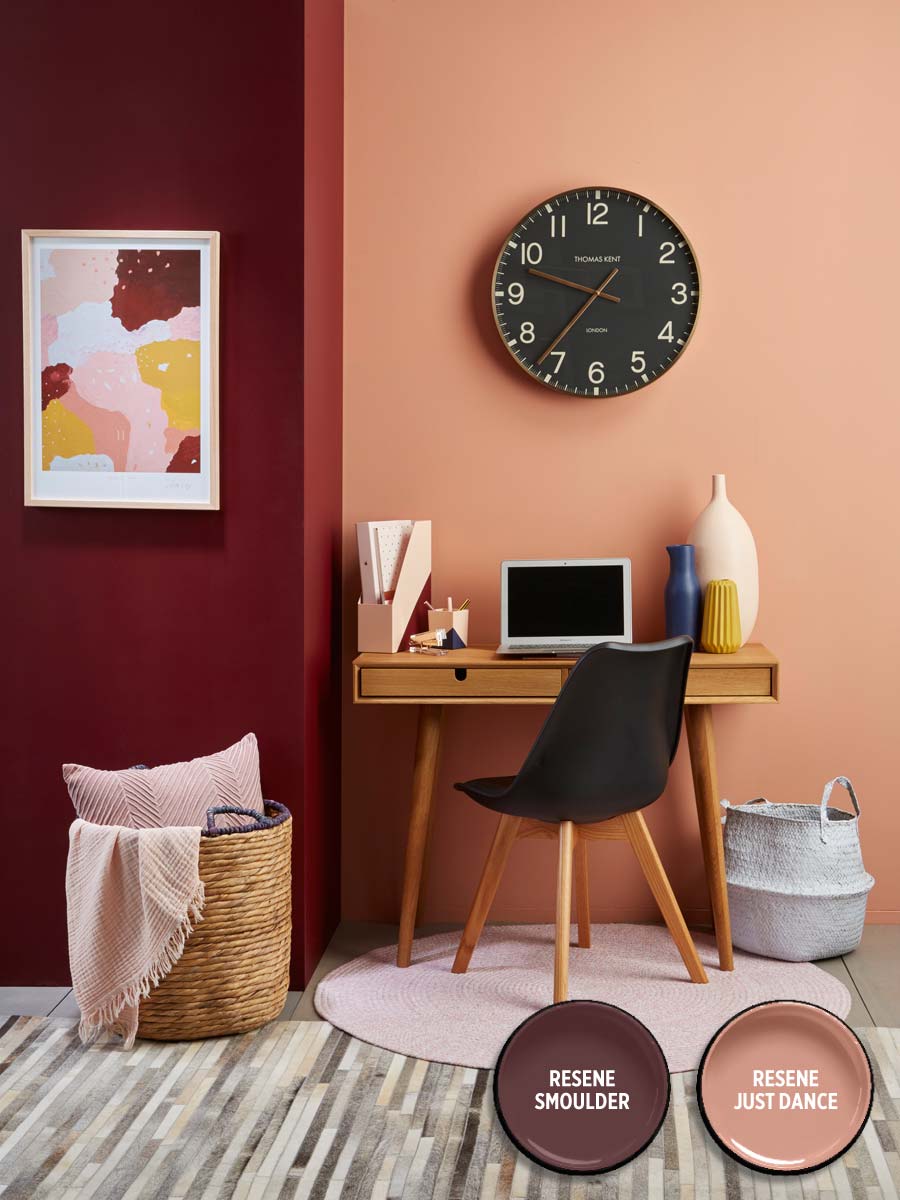 Image: Bryce Carleton LauraLynn Johnston pink red study Resene JustDanceSmoulderHalfTeaKingTideSoulfulMidGreywash photo Bryce Carleton